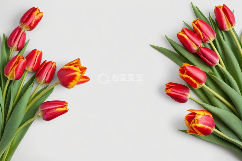高清大图下载【趣麦麦图】红白郁金香摆放在浅色背景上