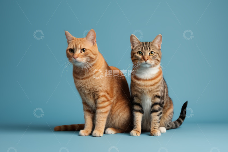 高清大图下载【趣麦麦图】两只猫咪坐立在蓝色背景前