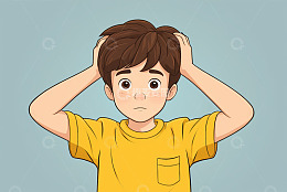 穿黄衣男孩双手抱头表情苦恼