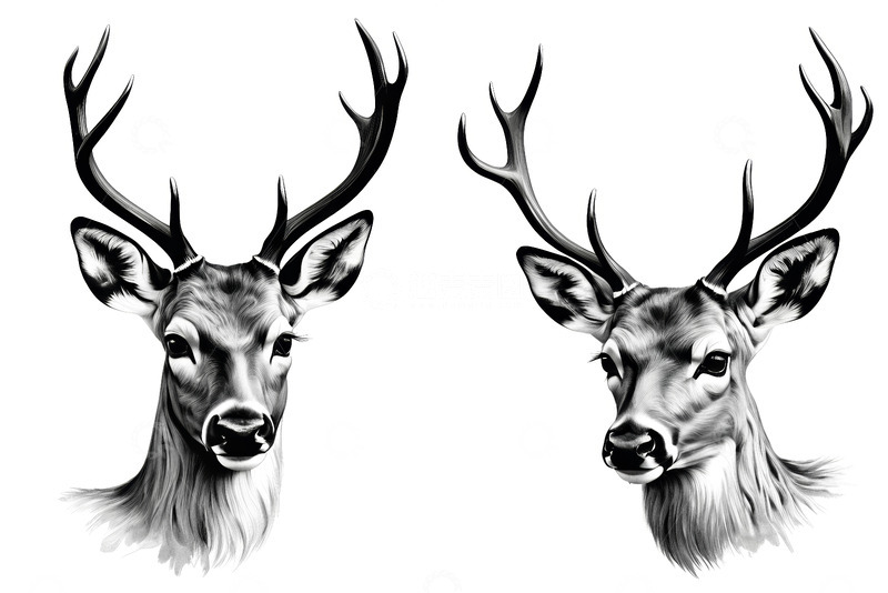 高清大图下载【趣麦麦图】双鹿黑白肖像插画