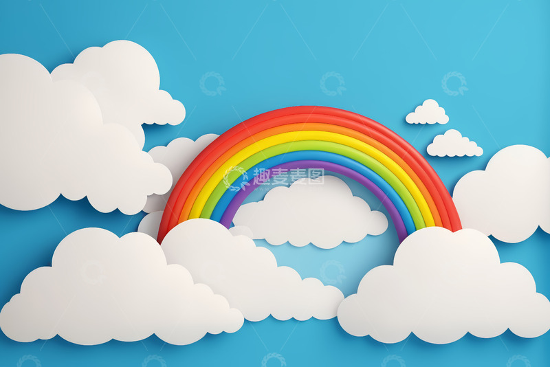 高清大图下载【趣麦麦图】蓝色背景上的彩虹与云朵
