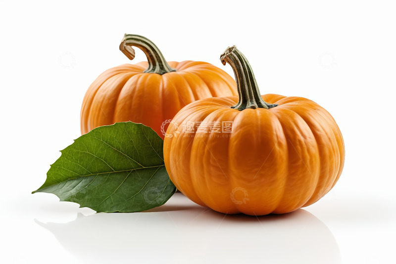 高清大图下载【趣麦麦图】两个带叶橙色南瓜静物