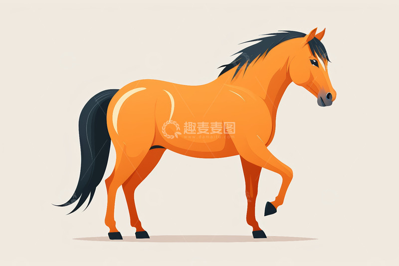 高清大图下载【趣麦麦图】橙色骏马单腿抬起插画