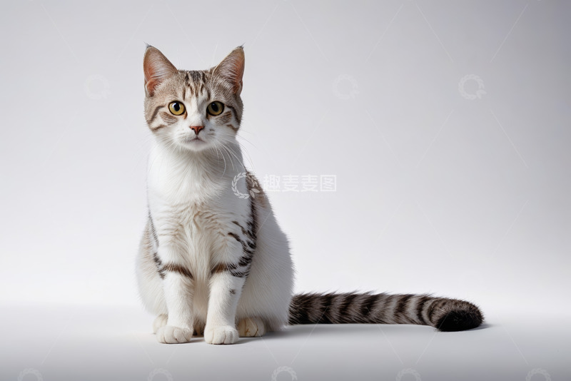 高清大图下载【趣麦麦图】灰白条纹猫端坐特写