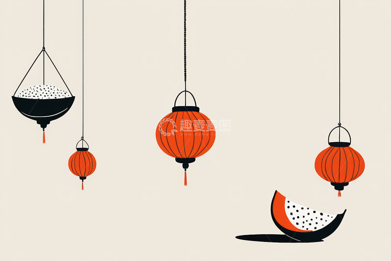 高清大图下载【趣麦麦图】中式灯笼与瓜果装饰插画