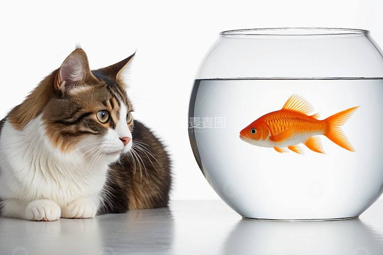 猫咪注视鱼缸里的金鱼
