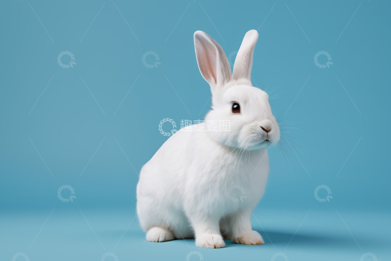 高清大图下载【趣麦麦图】蓝色背景前的白色宠物兔