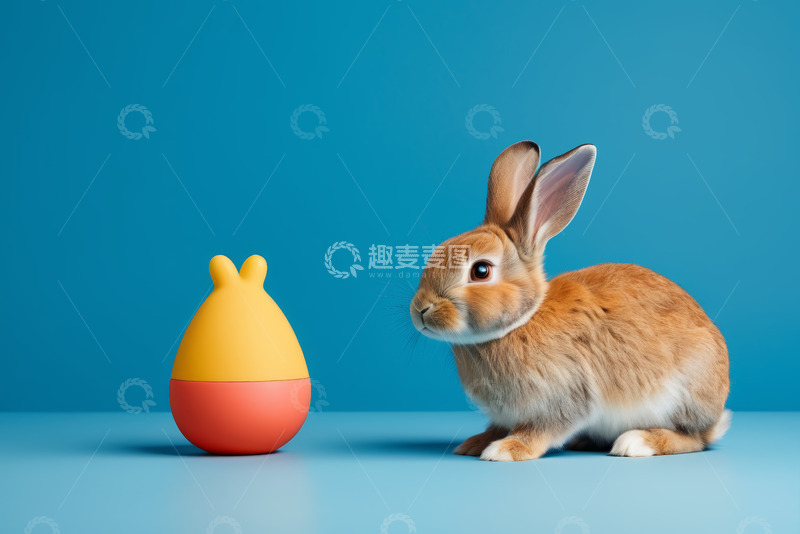 高清大图下载【趣麦麦图】蓝色背景下兔子与彩色摆件