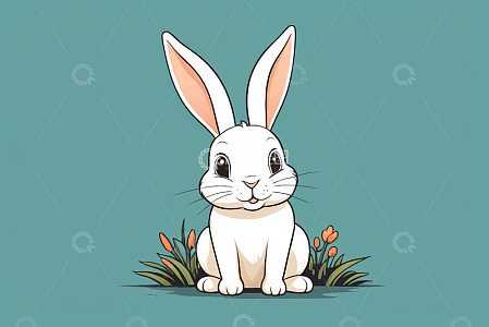 卡通白兔坐于花草间