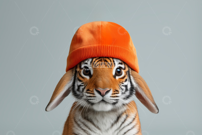高清大图下载【趣麦麦图】戴橙色帽子的老虎兔耳特写