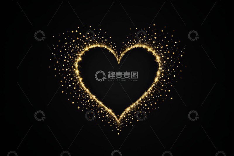 高清大图下载【趣麦麦图】黑色背景金色爱心星光效果