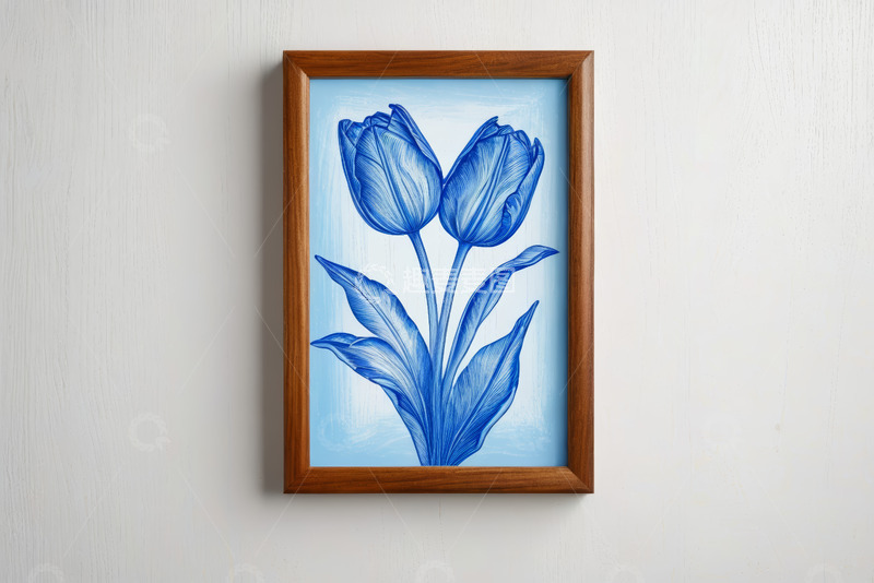 高清大图下载【趣麦麦图】木框装裱蓝色郁金香画作