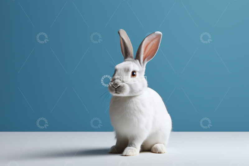 高清大图下载【趣麦麦图】白色兔子坐于蓝色背景前