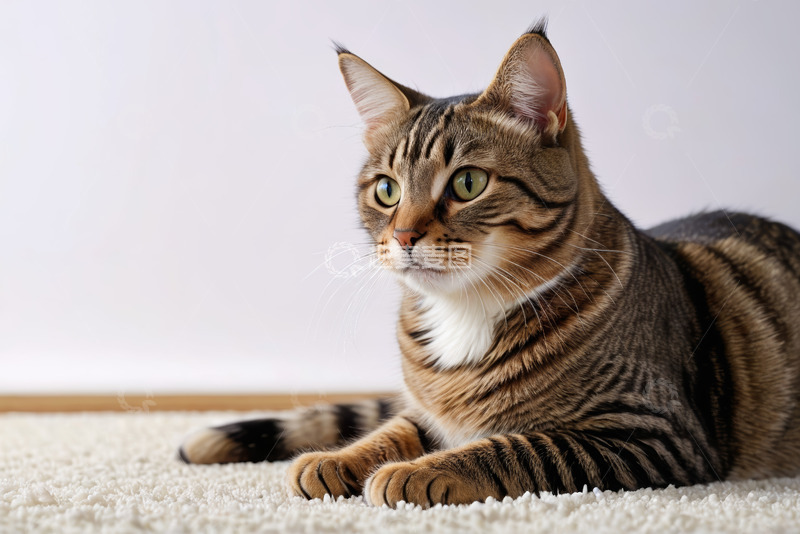高清大图下载【趣麦麦图】趴在地毯上的条纹猫