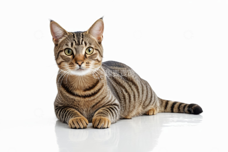 高清大图下载【趣麦麦图】趴在白色背景上的条纹猫