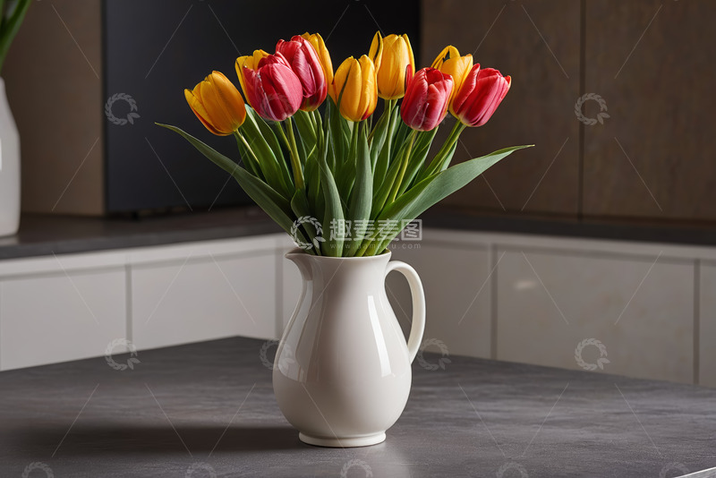 高清大图下载【趣麦麦图】白色花瓶中的红黄郁金香