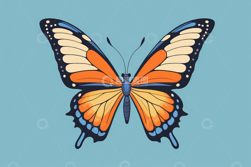 高清大图下载【趣麦麦图】蓝色背景上的蝴蝶插画素材