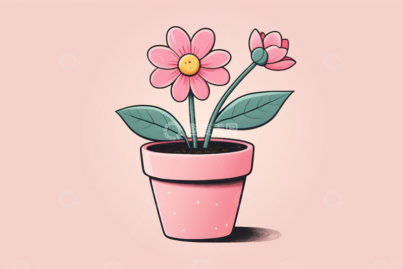 高清大图下载【趣麦麦图】粉色花盆中的卡通花卉插画