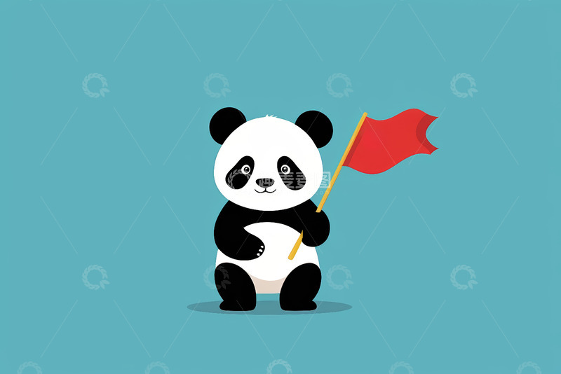 高清大图下载【趣麦麦图】手持红旗的卡通熊猫形象
