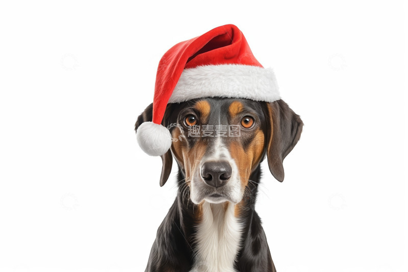 高清大图下载【趣麦麦图】戴圣诞帽的宠物狗特写