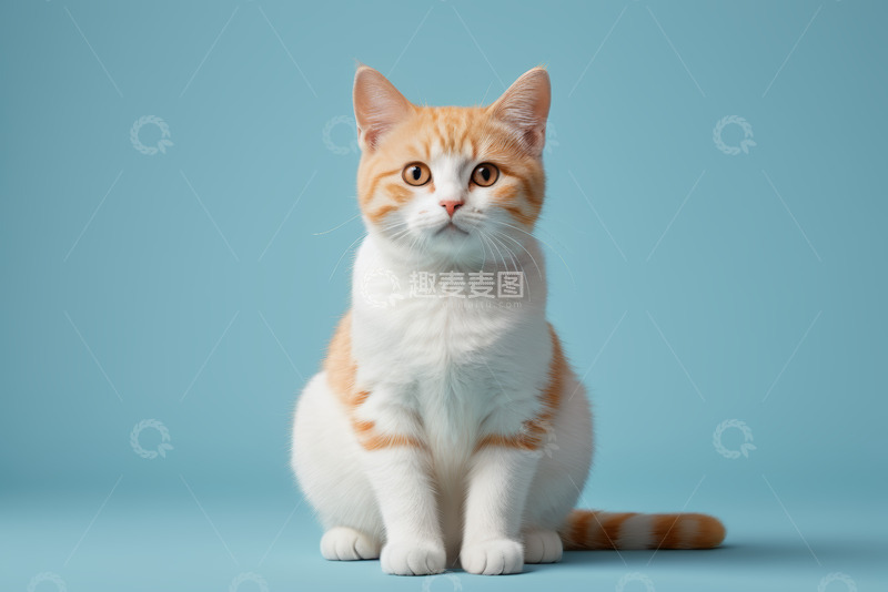 高清大图下载【趣麦麦图】蓝背景前的橙白相间猫咪