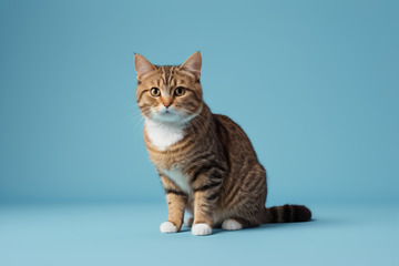 蓝背景前坐立的虎斑猫