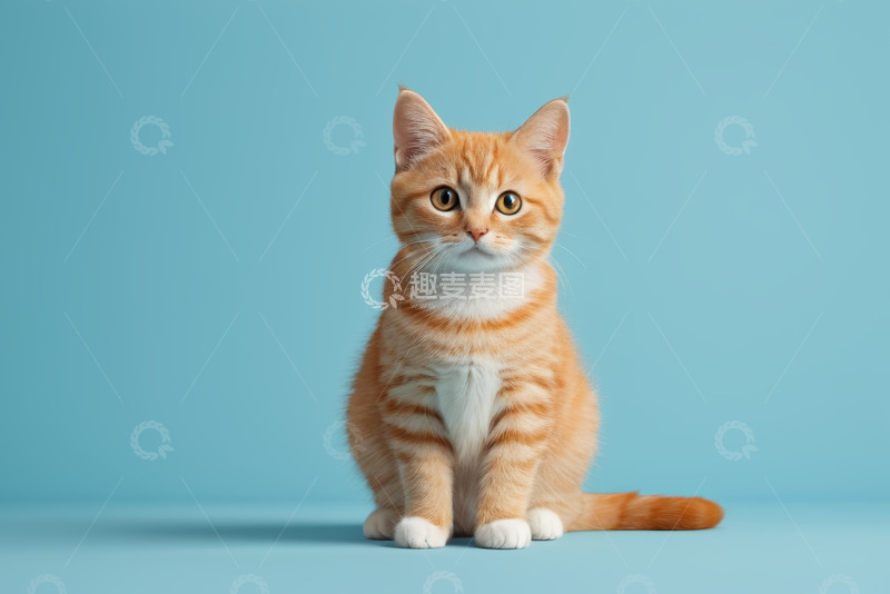 高清大图下载【趣麦麦图】蓝背景前坐着的橘白条纹小猫