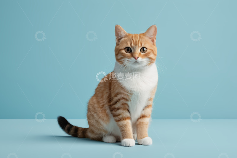 高清大图下载【趣麦麦图】蓝背景前坐着的橘白相间猫咪