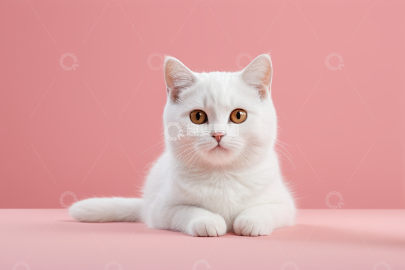 高清大图下载【趣麦麦图】粉色背景前趴卧的白色猫咪