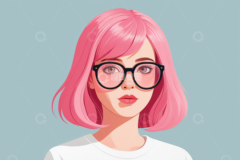 粉色头发戴眼镜女孩肖像