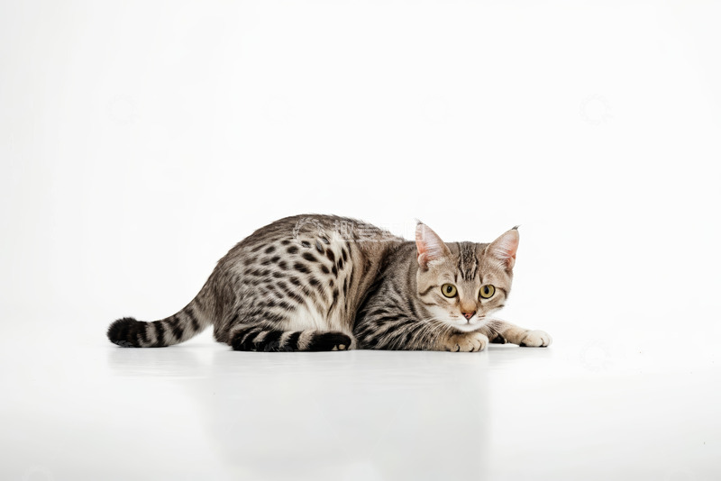 高清大图下载【趣麦麦图】趴在白色背景上的花纹猫咪