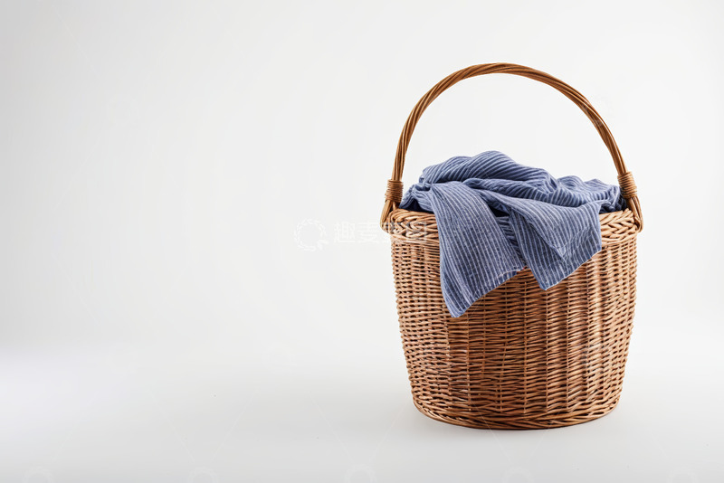 高清大图下载【趣麦麦图】带蓝色织物的藤编篮子静物