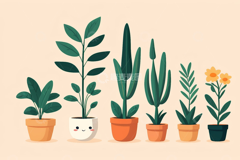 高清大图下载【趣麦麦图】卡通风格盆栽绿植组合