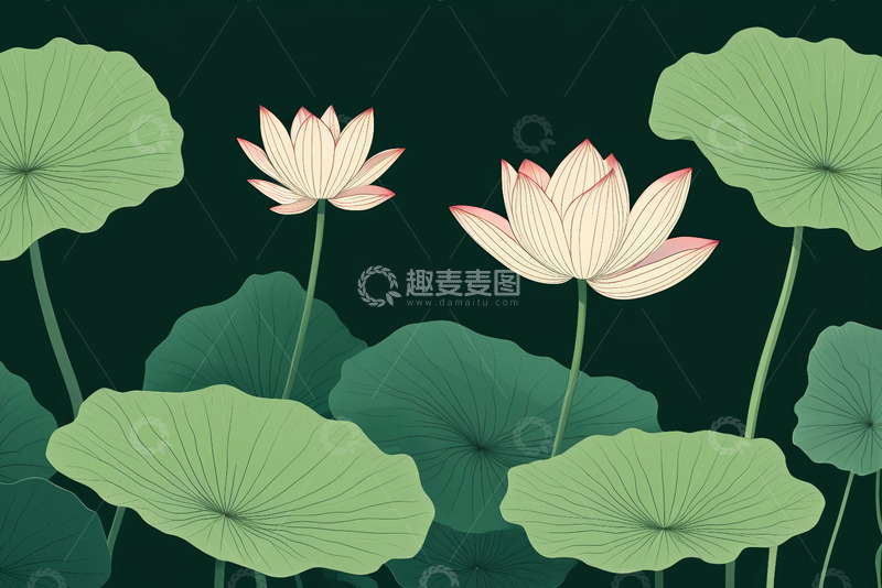 高清大图下载【趣麦麦图】手绘荷花荷叶图案