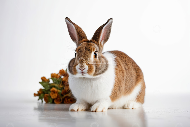 高清大图下载【趣麦麦图】棕白相间兔子与花静物图