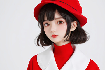 戴红帽穿红衣女孩肖像