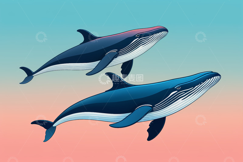 高清大图下载【趣麦麦图】两只鲸鱼在渐变天空中游动