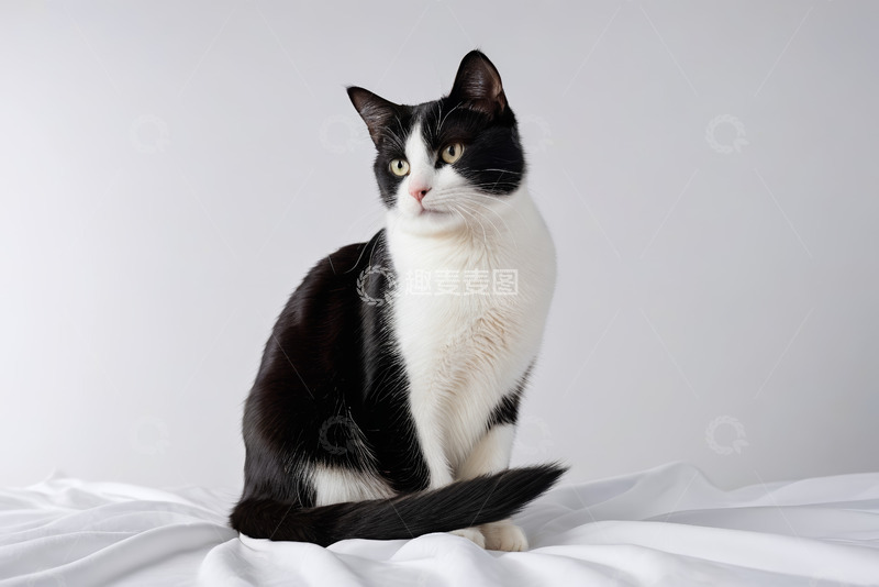 高清大图下载【趣麦麦图】黑白猫坐于白色布面