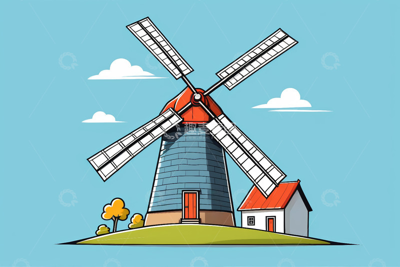 高清大图下载【趣麦麦图】卡通风格风车与小屋景观