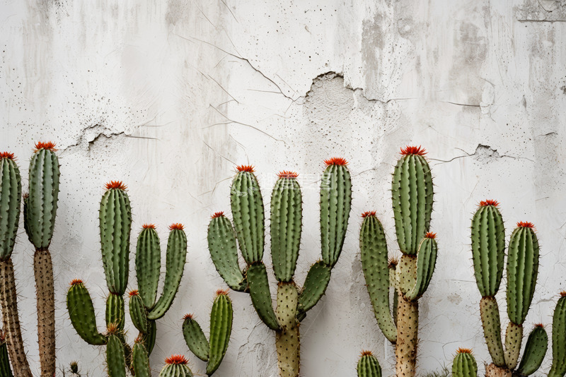高清大图下载【趣麦麦图】墙边排列的带红顶仙人掌