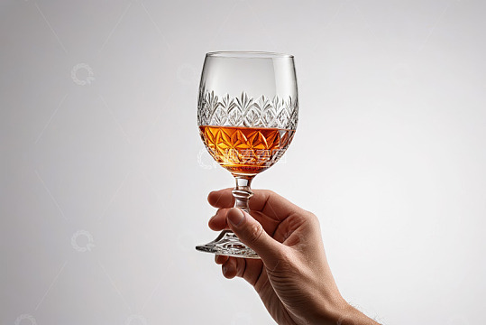 手持装有液体的雕花玻璃杯