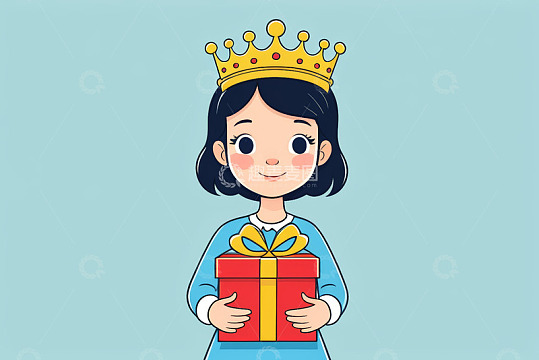 手持礼物戴皇冠的卡通女孩