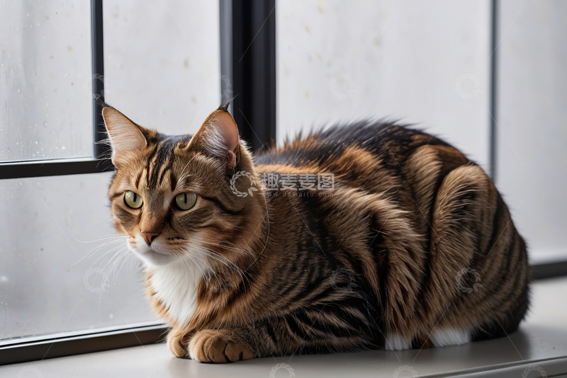 高清大图下载【趣麦麦图】窗边趴卧的长毛斑纹猫
