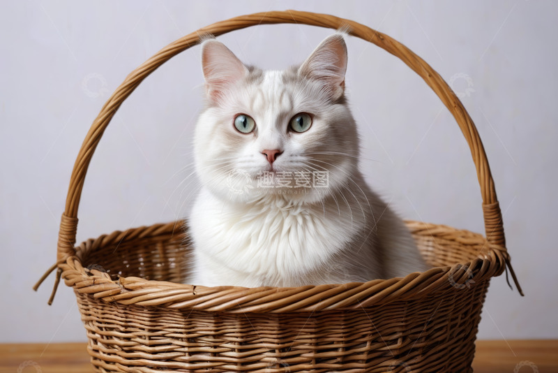 高清大图下载【趣麦麦图】篮子里的白色猫咪特写