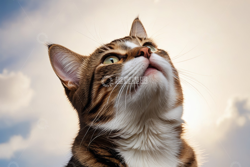 高清大图下载【趣麦麦图】仰头望向天空的斑纹猫咪