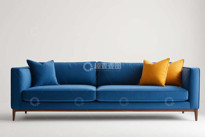 高清大图下载【趣麦麦图】蓝色沙发搭配黄色抱枕家居场景