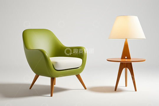 现代绿色沙发搭配木质边几台灯