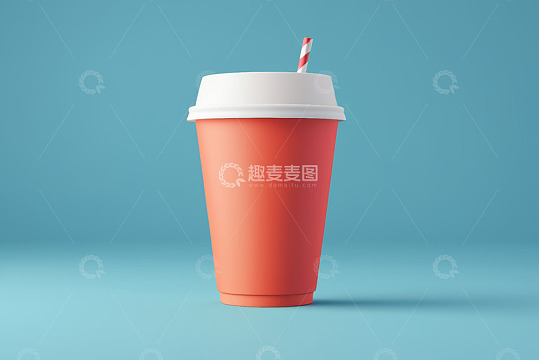 橙色带盖饮料杯配红白吸管