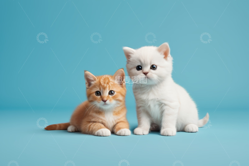 高清大图下载【趣麦麦图】两只可爱小猫的蓝色背景合影