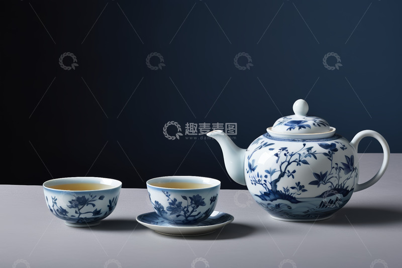高清大图下载【趣麦麦图】中式青花瓷茶具与两杯茶